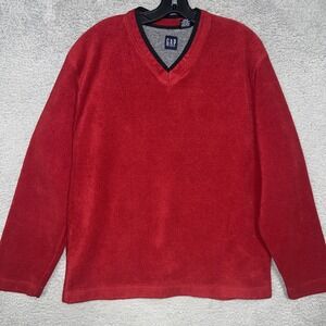 VTG Gap Sweater Mens Sz L Red Black Collar V Neck Fleece Pullover Sweatshirt 90s